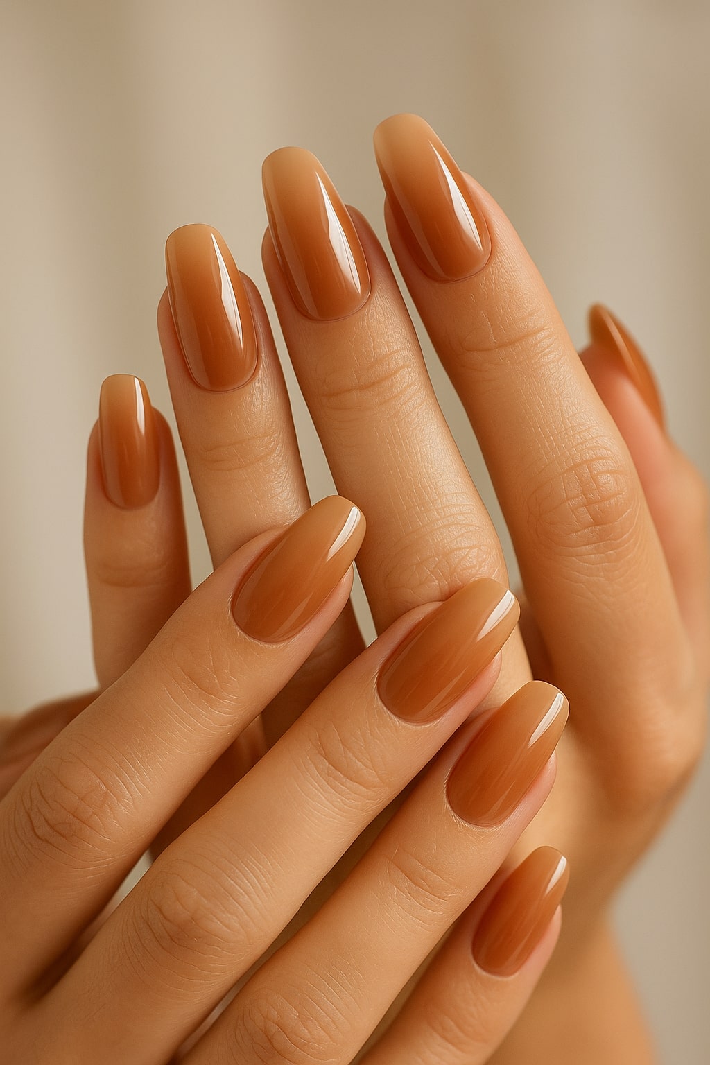 Caramel Brown Press-On Nails – Glossy Almond Elegance.