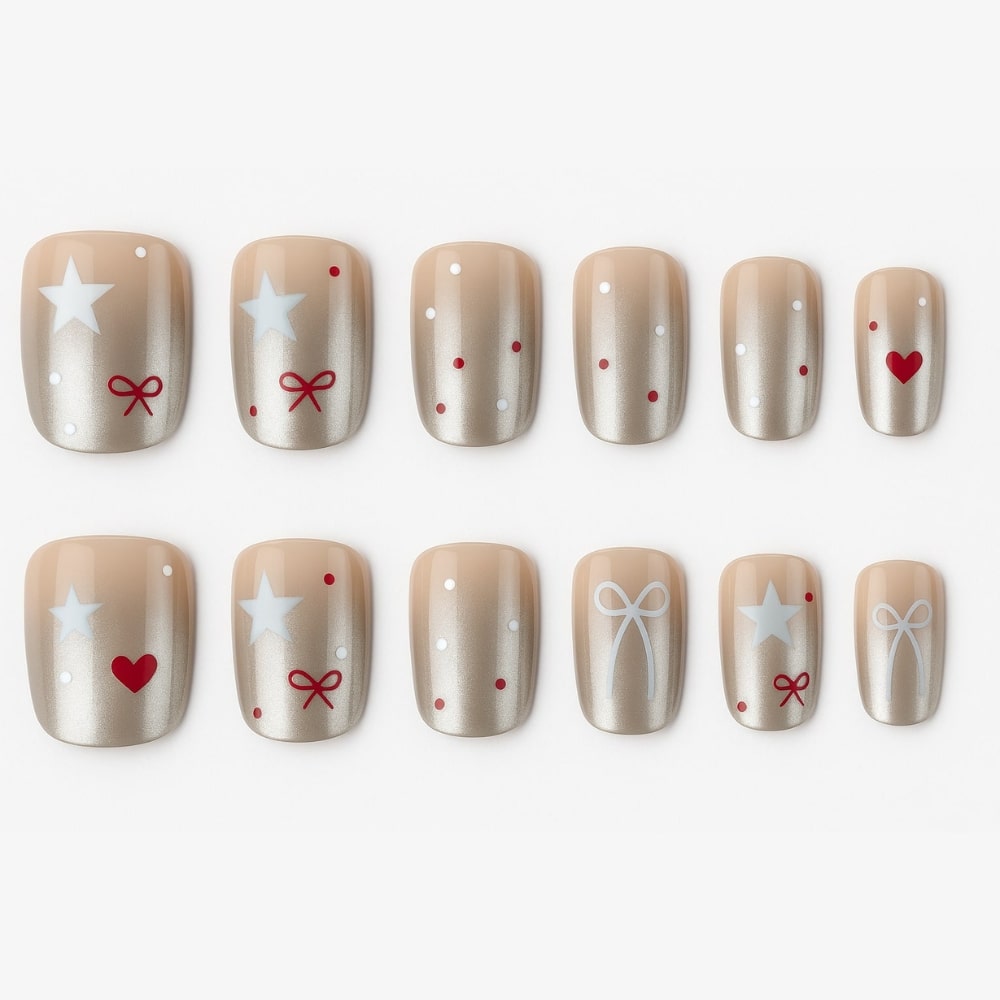 Champagne Glow Press-On Nails – Festive Stars & Hearts Design.