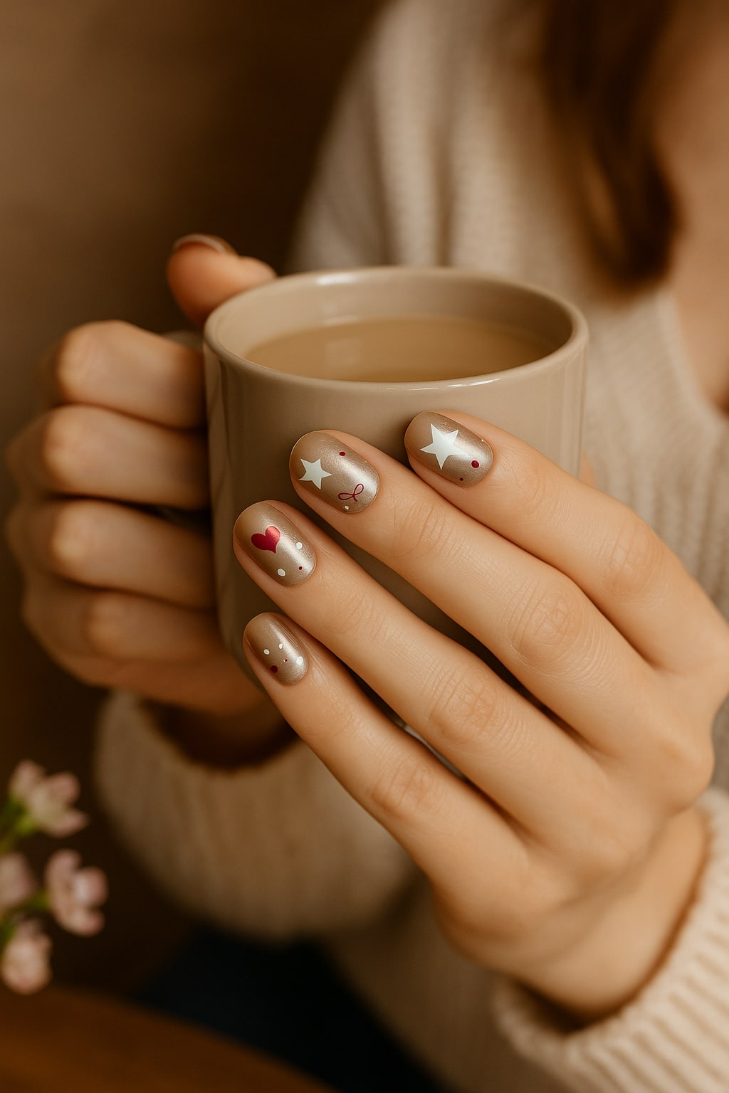 Champagne Glow Press-On Nails – Festive Stars & Hearts Design.