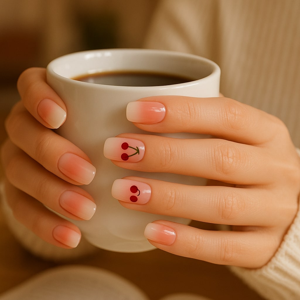Cherry Ombre Press-On Nails – Glossy Red Fruit Accent.