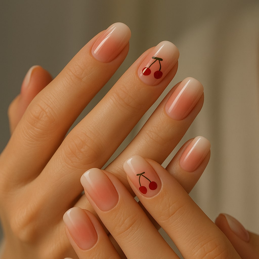 Cherry Ombre Press-On Nails – Glossy Red Fruit Accent.