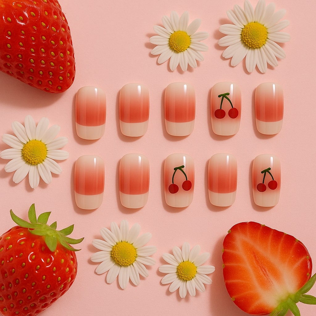 Cherry Ombre Press-On Nails – Glossy Red Fruit Accent.