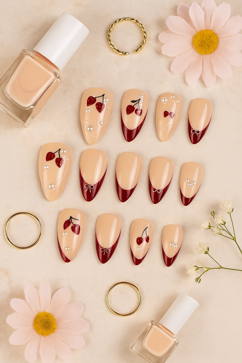 Cherry Red Press-On Nails – Glossy French Tips with Pearls