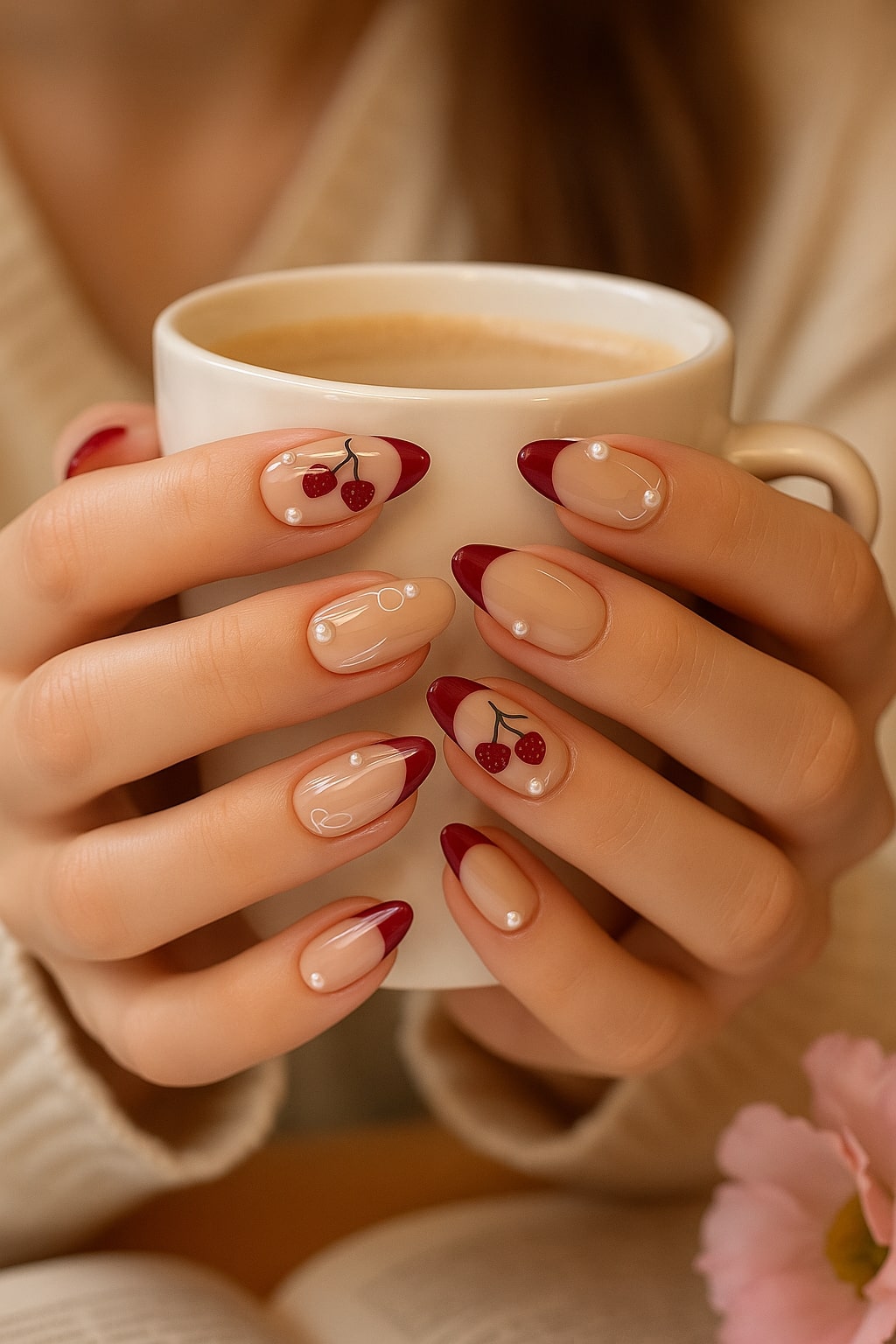 Cherry Red Press-On Nails – Glossy French Tips with Pearls