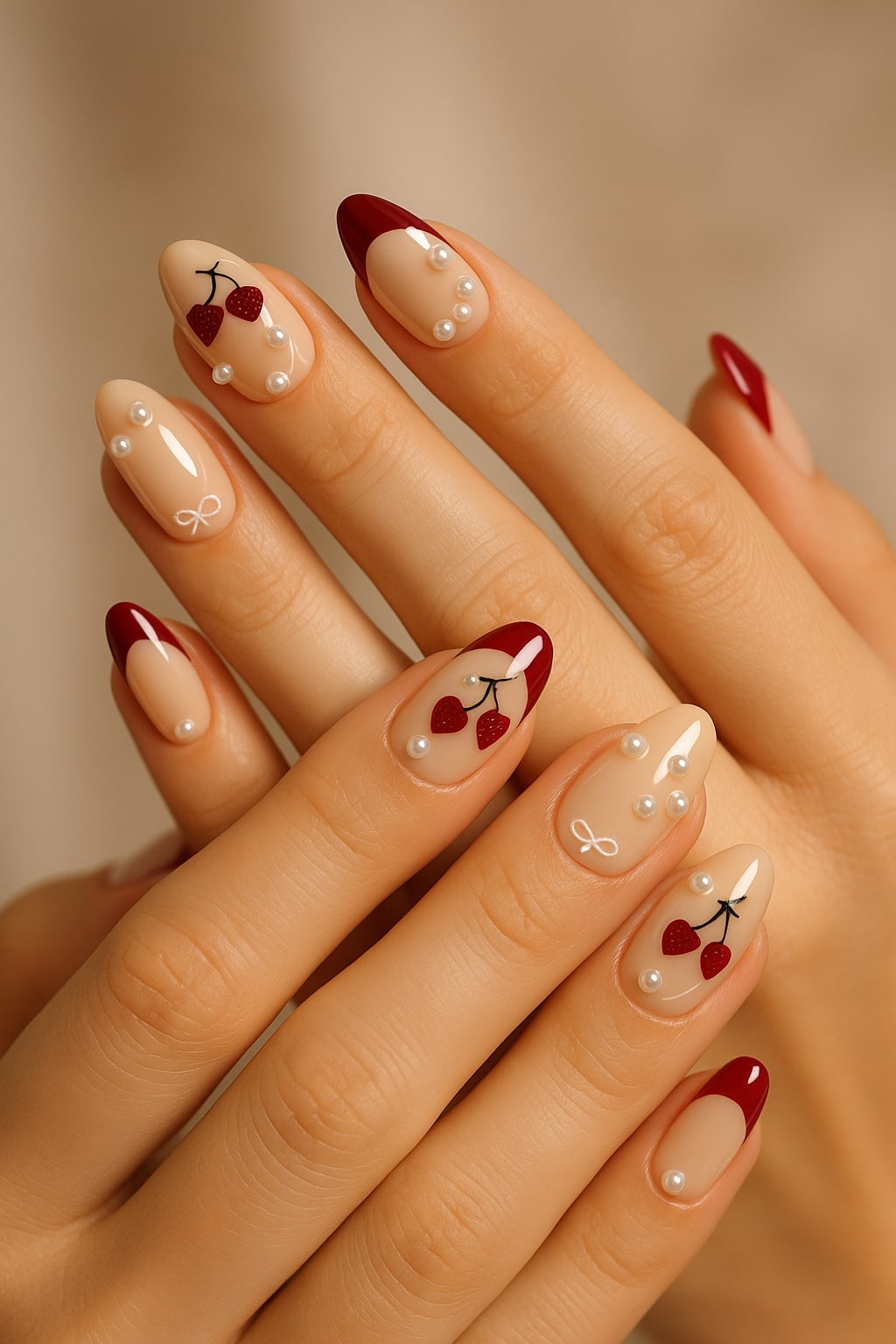 Cherry Red Press-On Nails – Glossy French Tips with Pearls