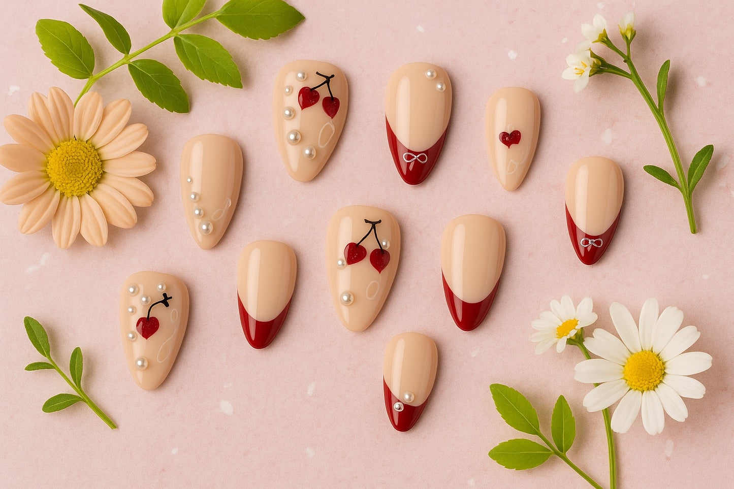Cherry Red Press-On Nails – Glossy French Tips with Pearls