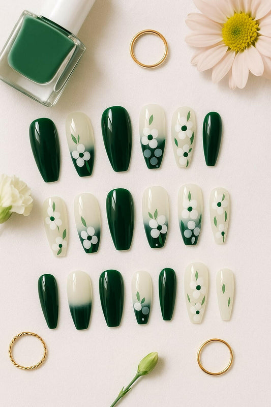 Emerald Green Press On Nails – Glossy Floral Daisy Design.