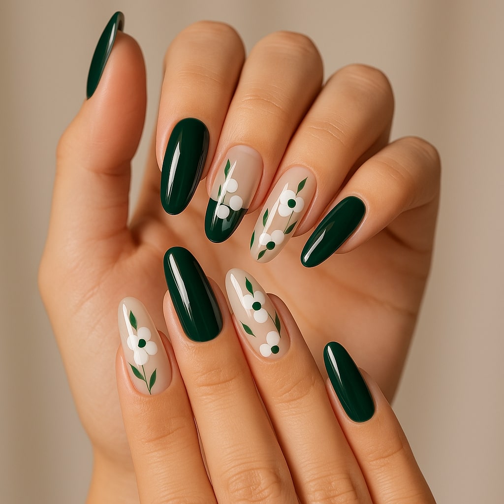 Emerald Green Press-On Nails – Glossy Floral Daisy Design.
