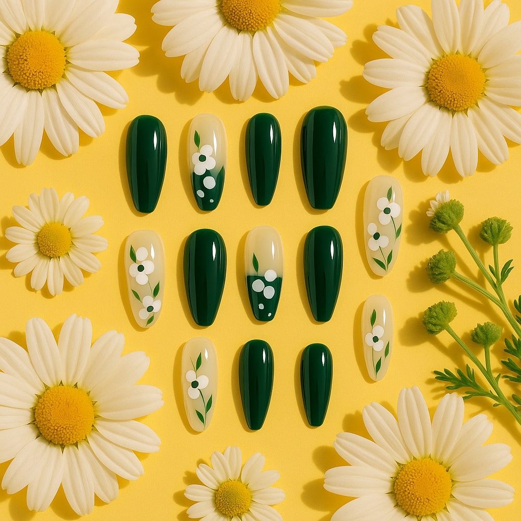 Emerald Green Press-On Nails – Glossy Floral Daisy Design.