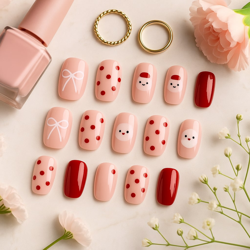 Festive Red & Nude Press-On Nails – Santa, Bow & Polka Dot Design.