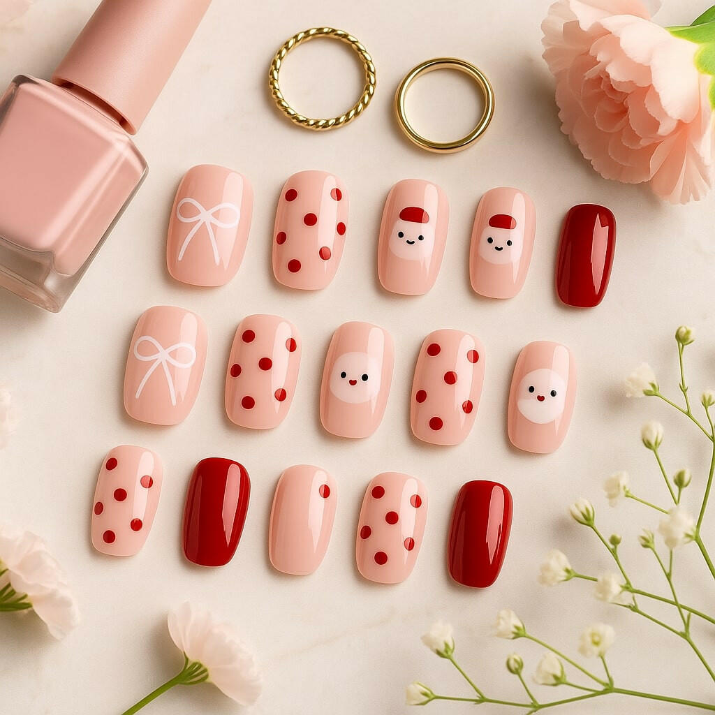 Festive Red & Nude Press On Nails – Santa, Bow & Polka Dot Design.