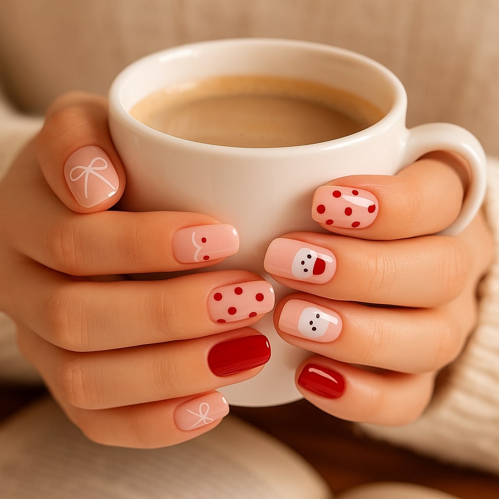 Festive Red & Nude Press-On Nails – Santa, Bow & Polka Dot Design.