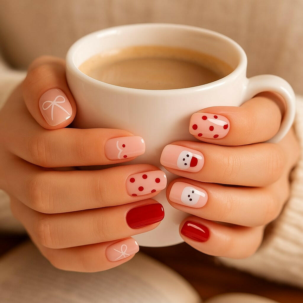 Festive Red & Nude Press On Nails – Santa, Bow & Polka Dot Design.