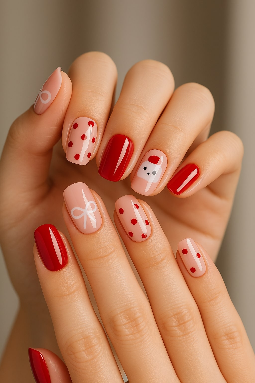Festive Red & Nude Press-On Nails – Santa, Bow & Polka Dot Design.