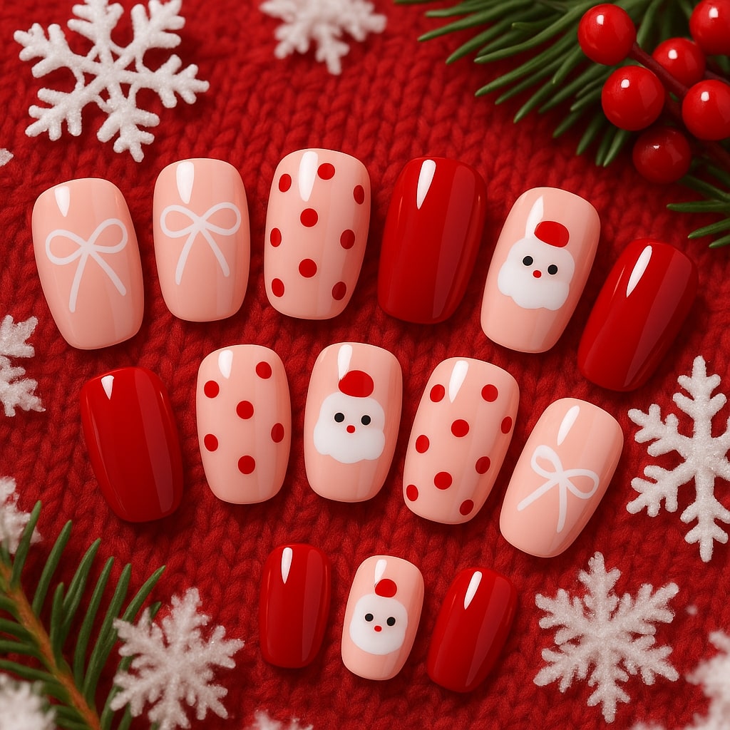 Festive Red & Nude Press-On Nails – Santa, Bow & Polka Dot Design.