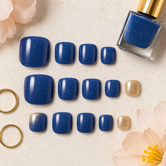 Midnight Blue Glitter Press On Toenails – Gold Accent Elegance.