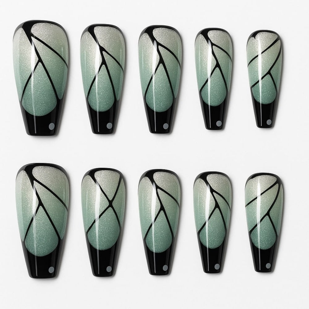 Mint Sparkle Press-On Nails – Black Abstract Line Art