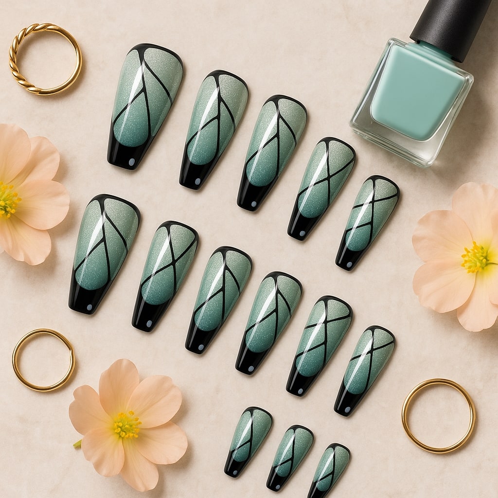 Mint Sparkle Press-On Nails – Black Abstract Line Art