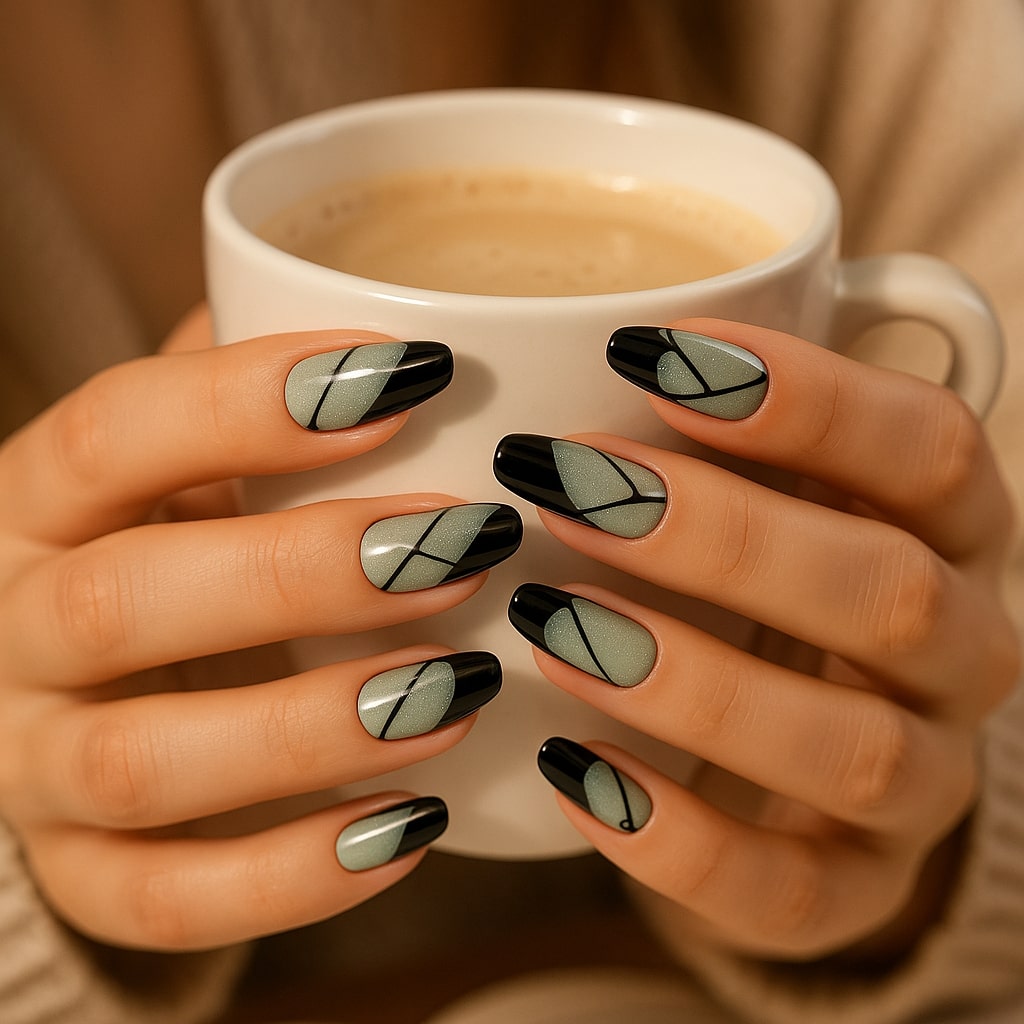 Mint Sparkle Press-On Nails – Black Abstract Line Art