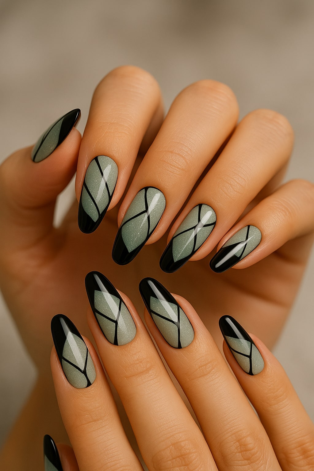 Mint Sparkle Press-On Nails – Black Abstract Line Art