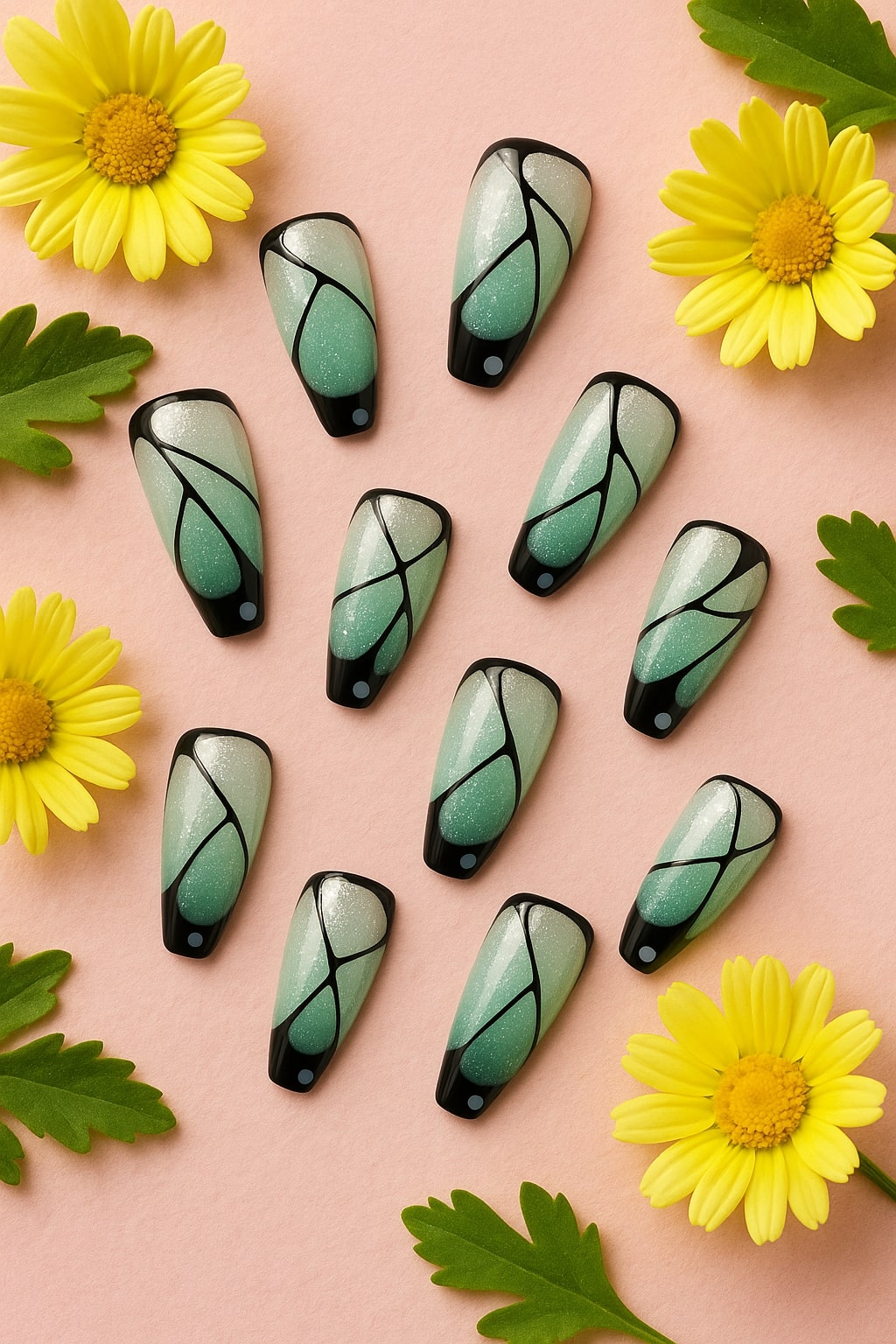 Mint Sparkle Press-On Nails – Black Abstract Line Art