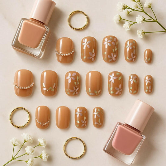 Nude Blossom Press On Nails – Floral & Pearl Accent Design.
