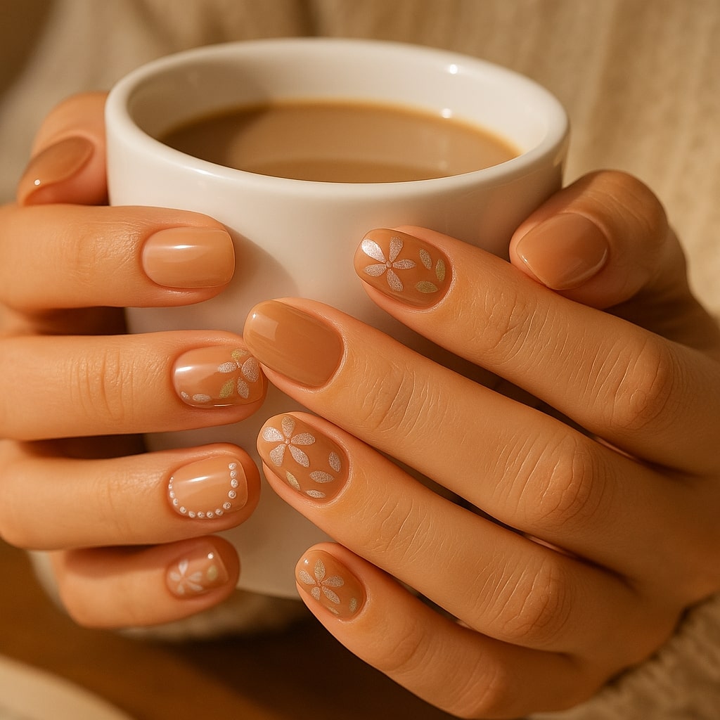 Nude Blossom Press-On Nails – Floral & Pearl Accent Design.