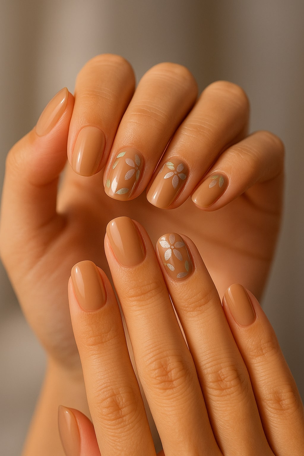 Nude Blossom Press-On Nails – Floral & Pearl Accent Design.