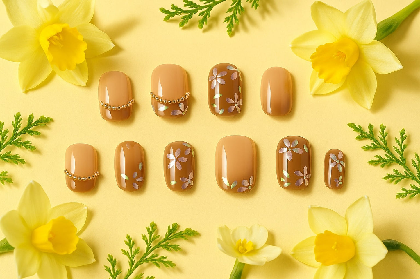 Nude Blossom Press-On Nails – Floral & Pearl Accent Design.