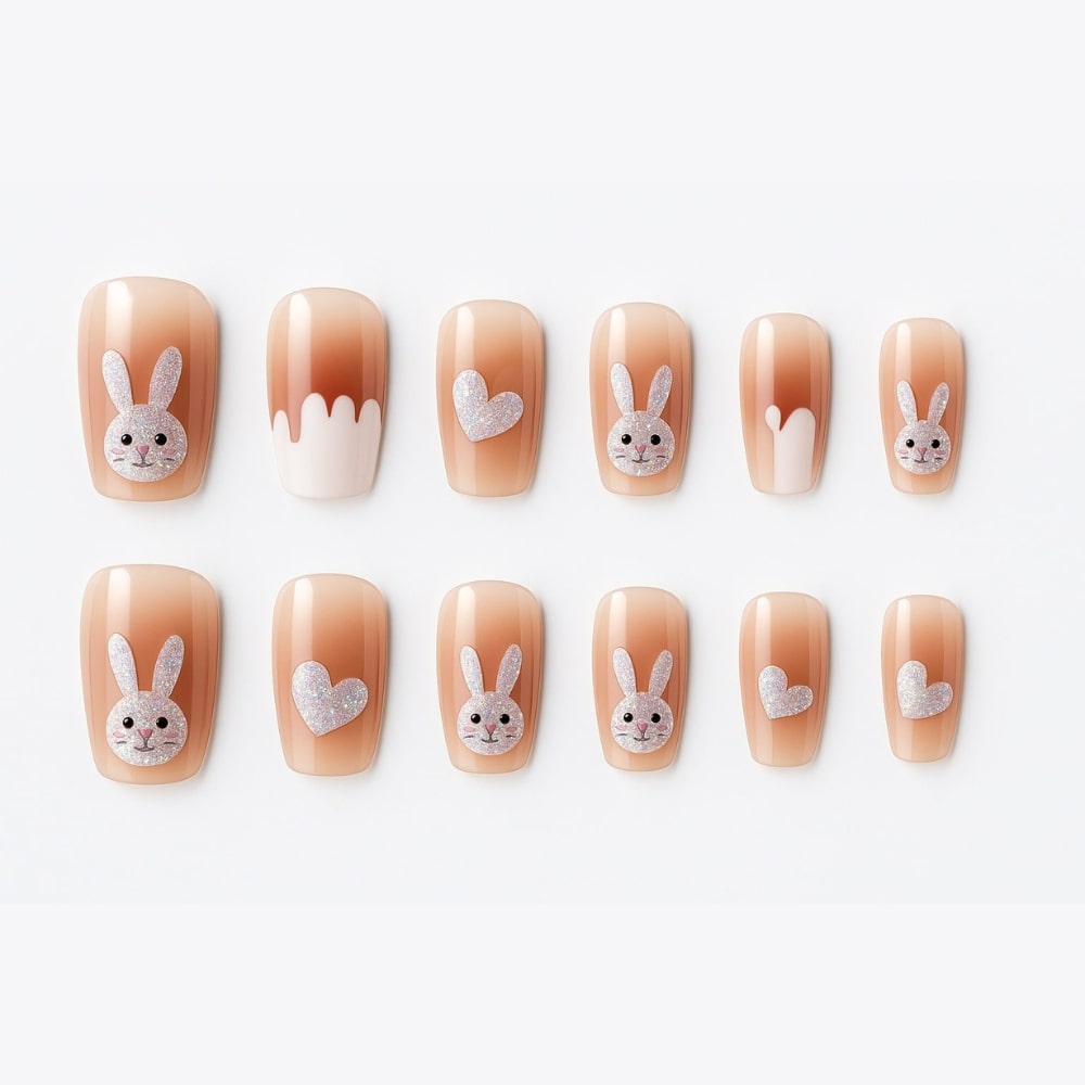 Nude Bunny & Heart Press-On Nails – Glitter Accents