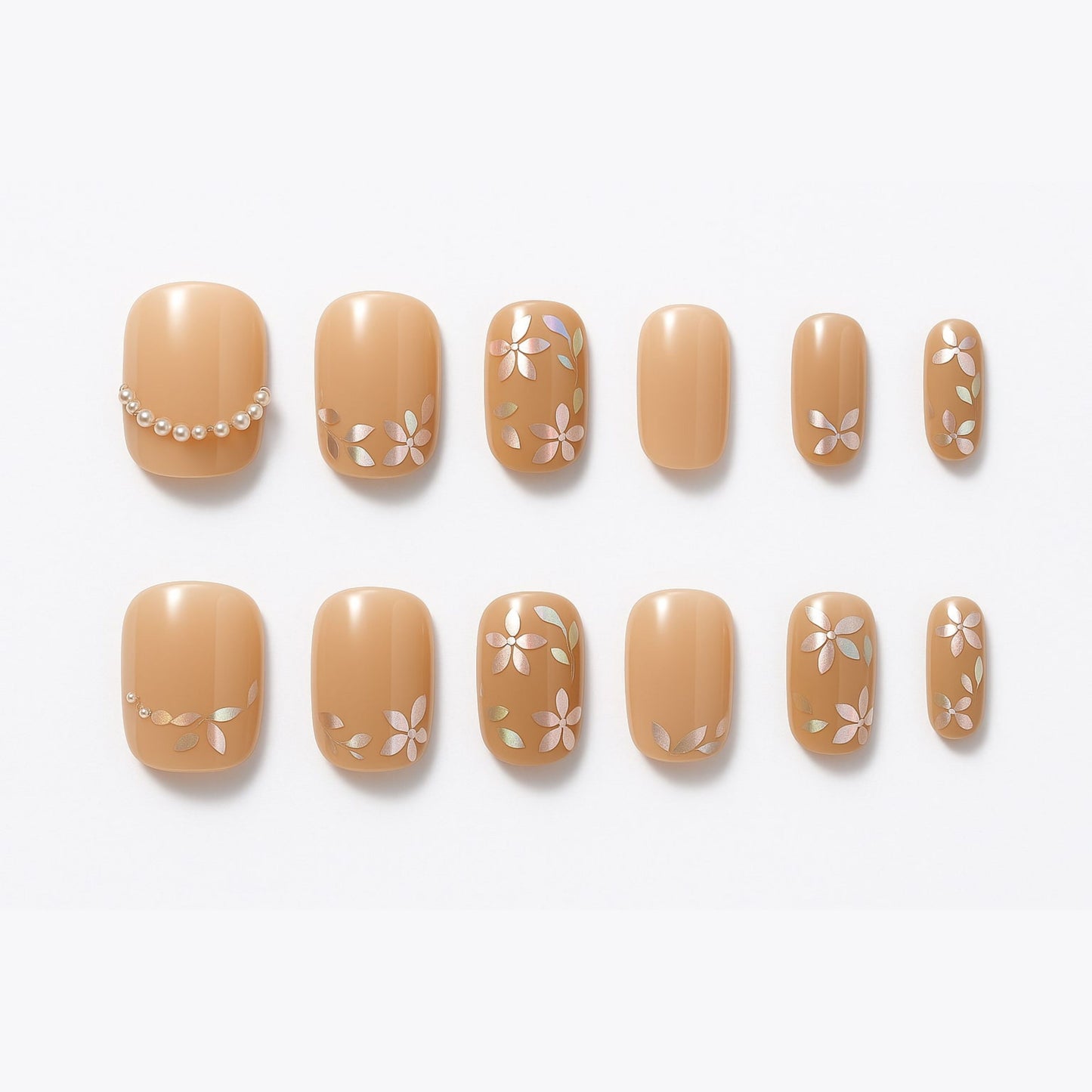 Nude Blossom Press-On Nails – Floral & Pearl Accent Design.