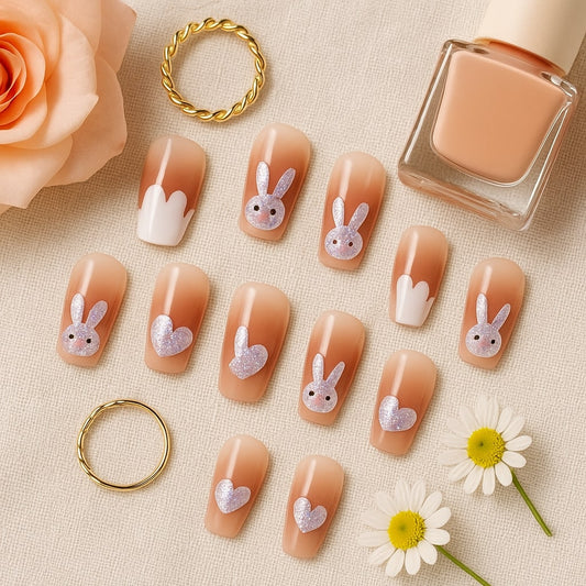 Nude Bunny & Heart Press On Nails β Glitter Accents