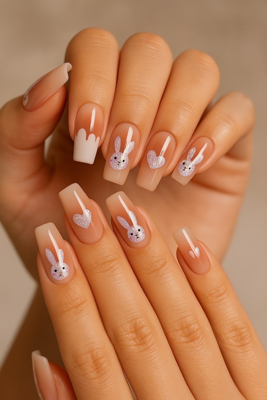 Nude Bunny & Heart Press-On Nails – Glitter Accents