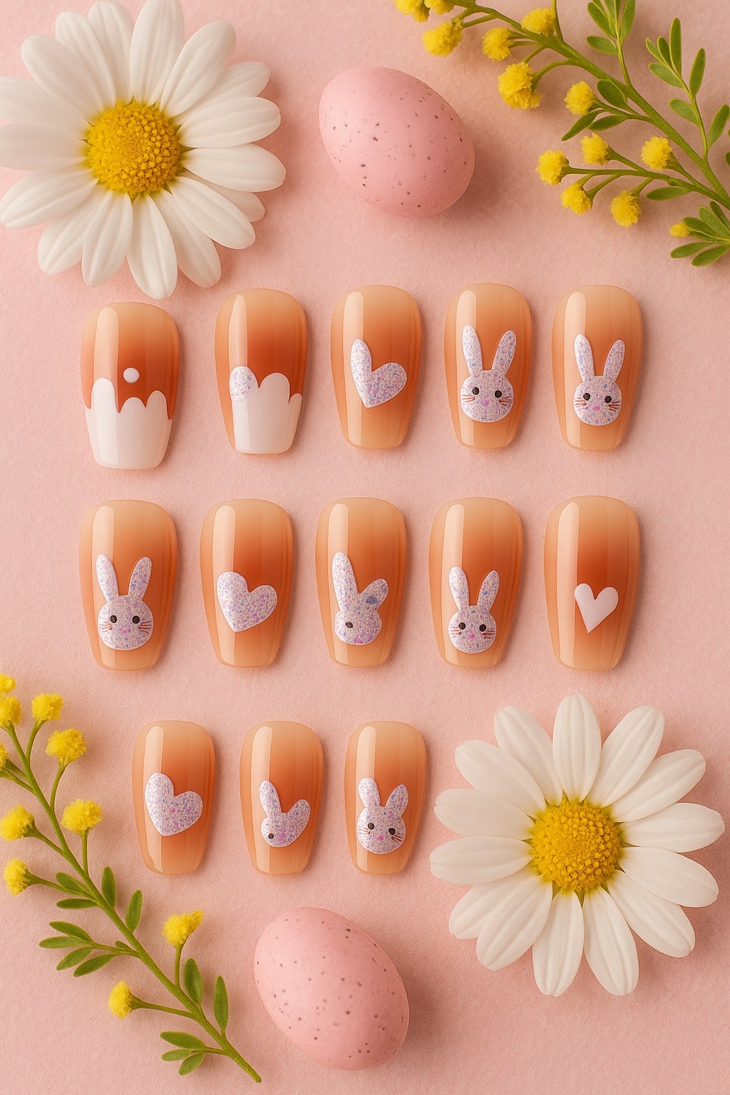 Nude Bunny & Heart Press-On Nails – Glitter Accents