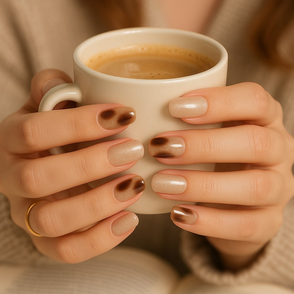 Nude Champagne Press-On Nails – Tortoiseshell Glossy Accent.