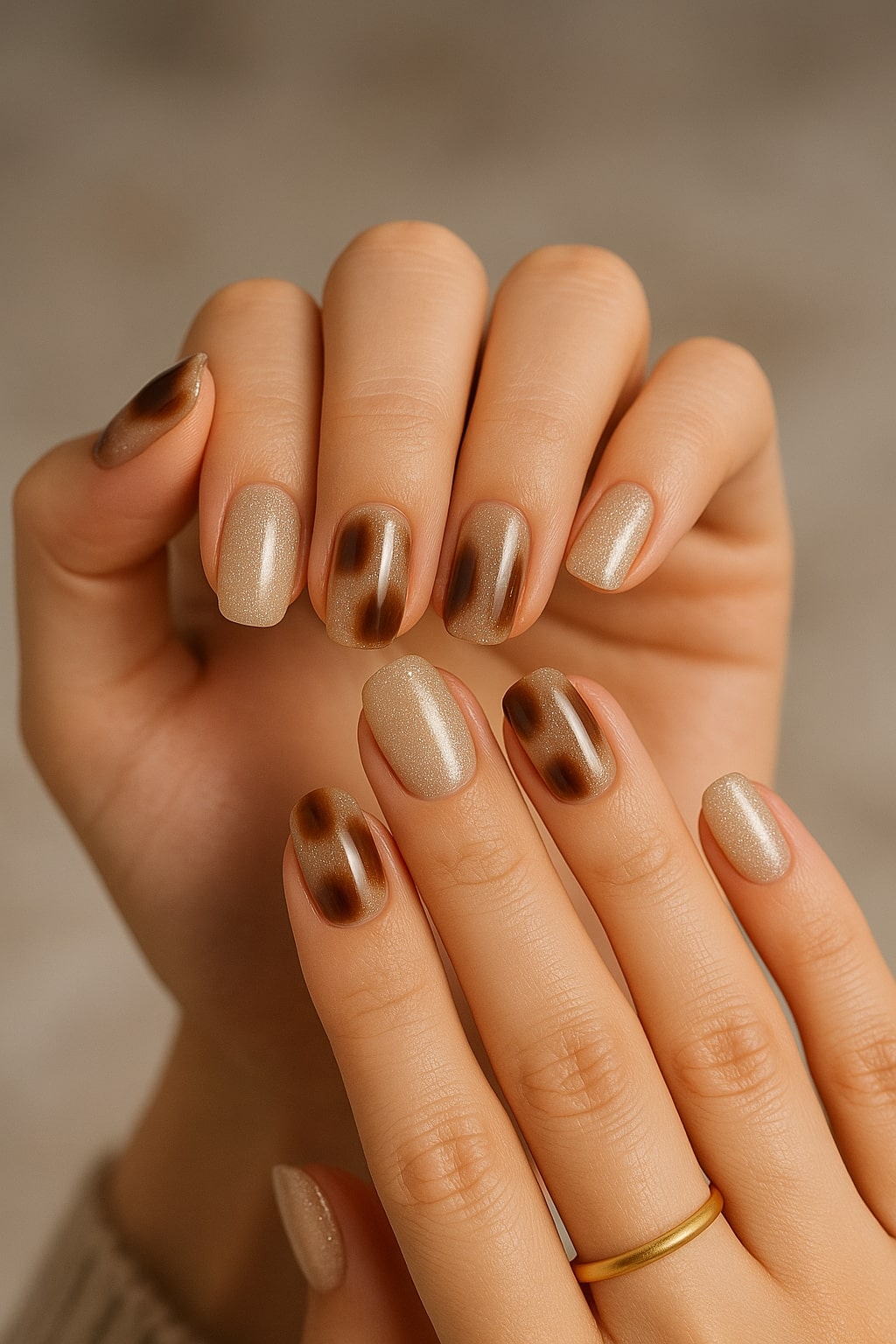 Nude Champagne Press-On Nails – Tortoiseshell Glossy Accent.