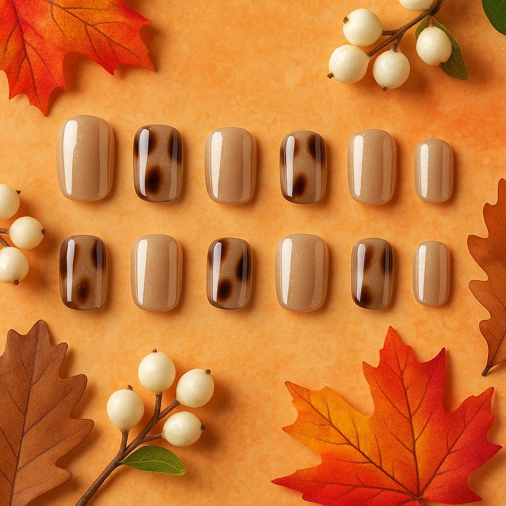 Nude Champagne Press-On Nails – Tortoiseshell Glossy Accent.
