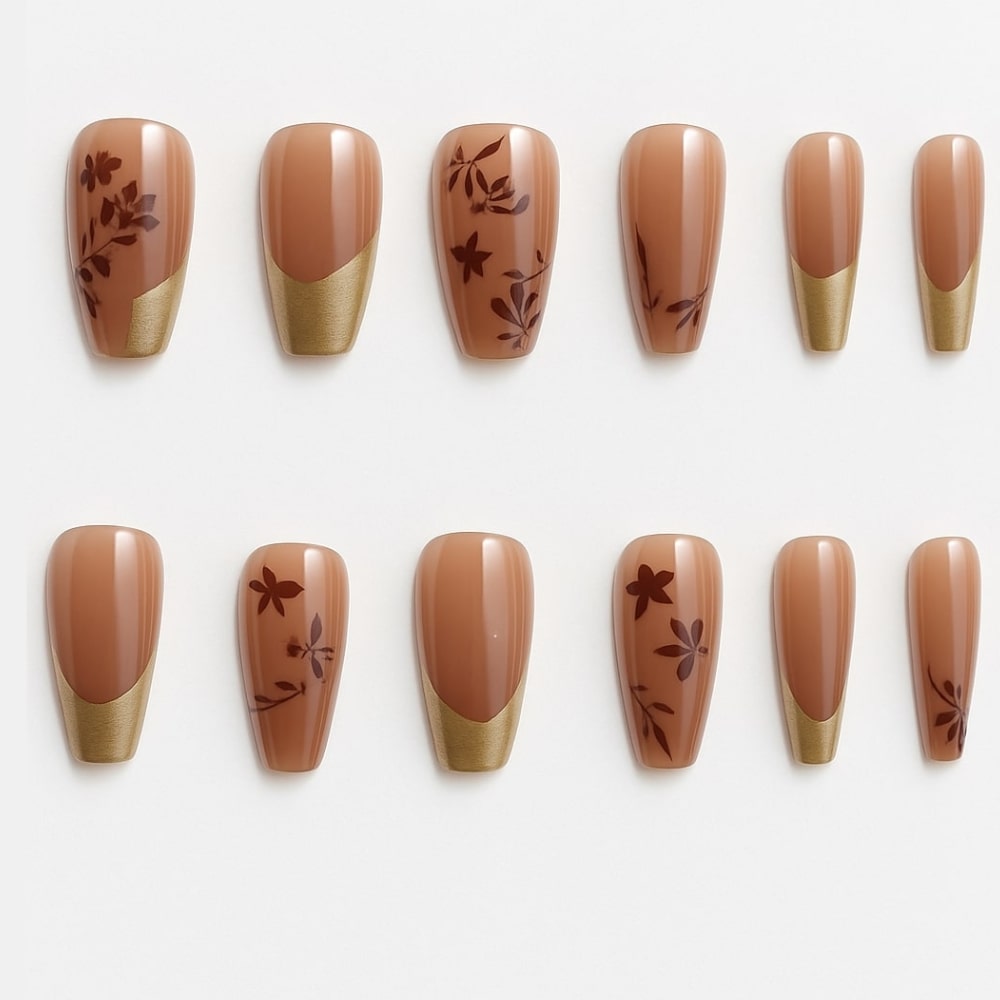 Nude & Gold Press-On Nails – Burgundy Floral Accent Design.
