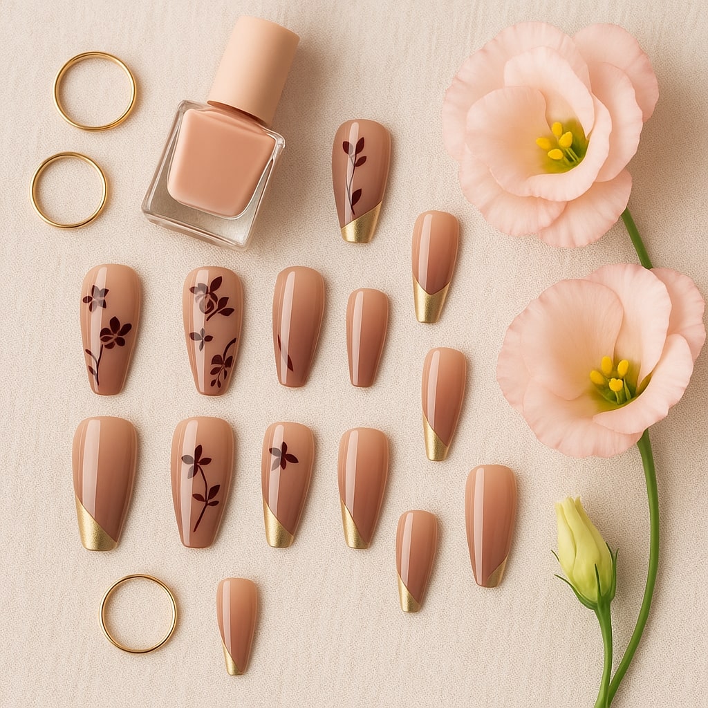 Nude & Gold Press-On Nails – Burgundy Floral Accent Design.