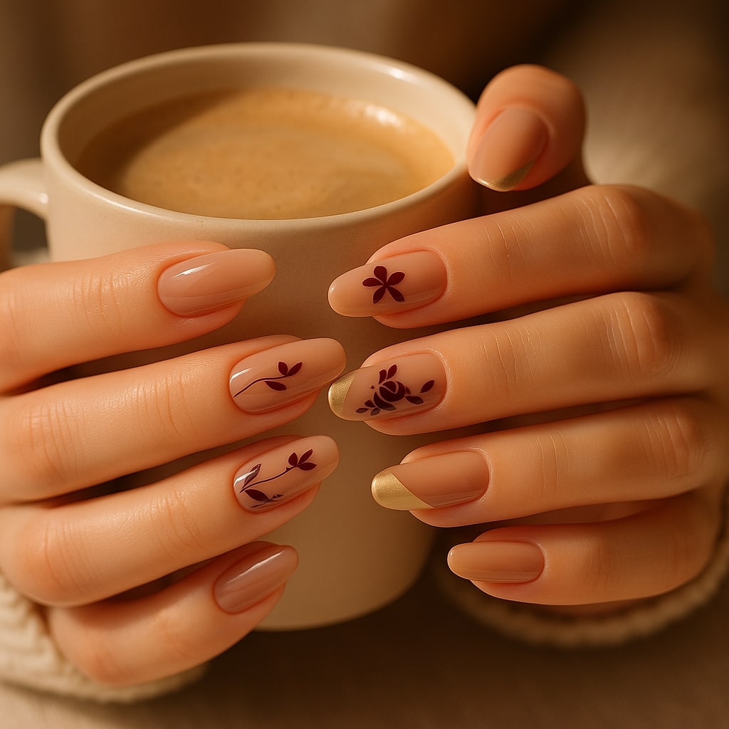 Nude & Gold Press-On Nails – Burgundy Floral Accent Design.