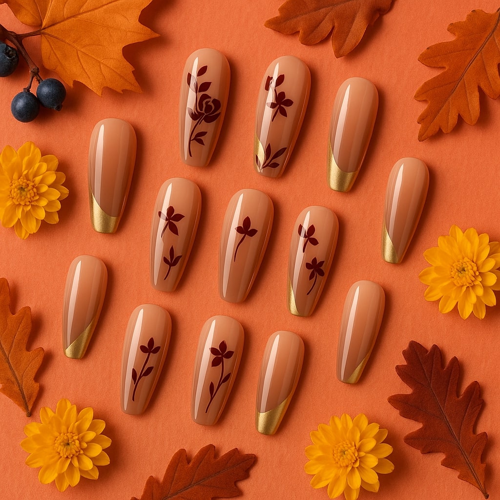Nude & Gold Press-On Nails – Burgundy Floral Accent Design.