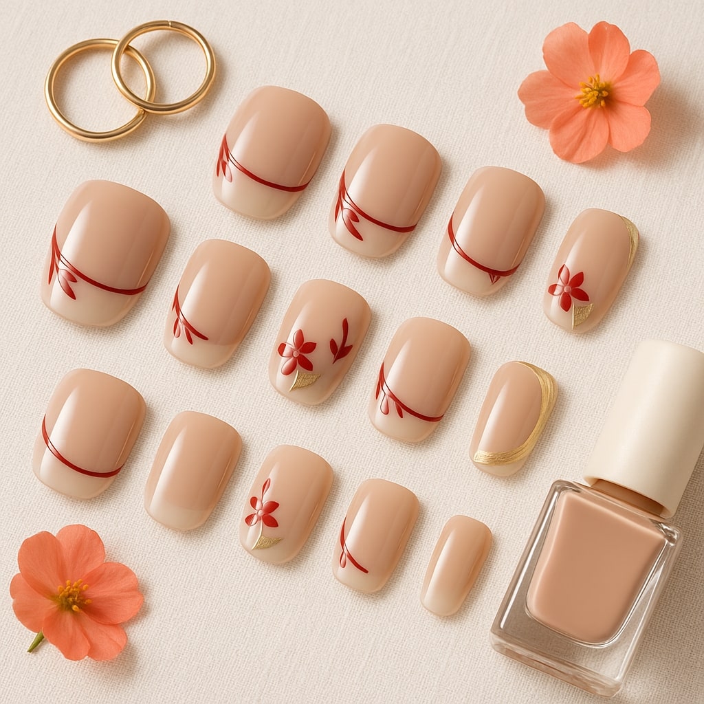 Nude & Red Floral Press-On Nails – Glossy Botanical Design