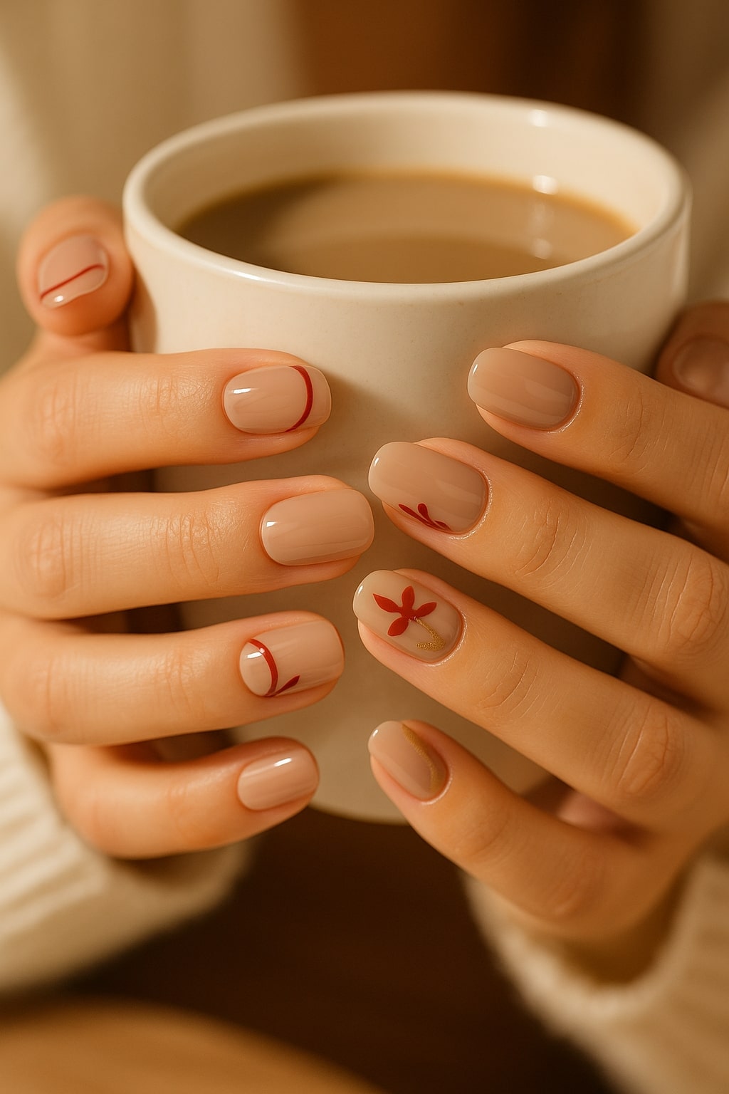 Nude & Red Floral Press-On Nails – Glossy Botanical Design
