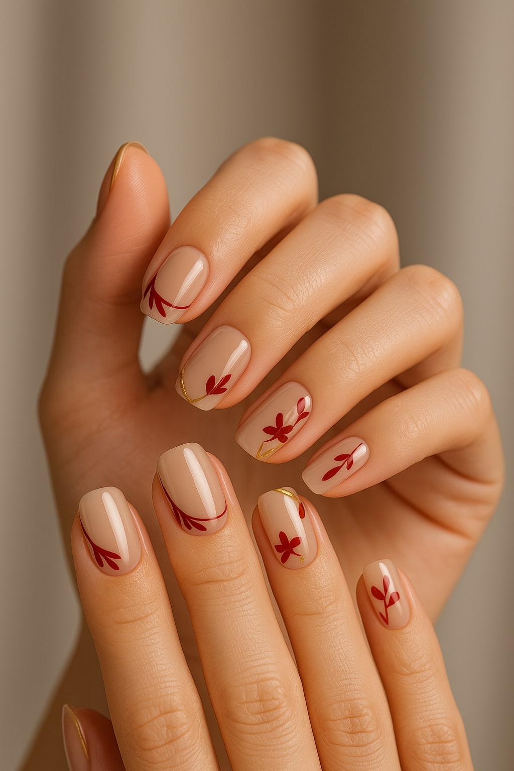 Nude & Red Floral Press-On Nails – Glossy Botanical Design