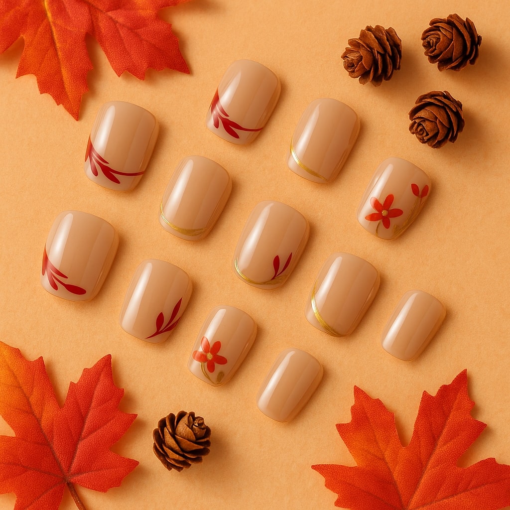 Nude & Red Floral Press-On Nails – Glossy Botanical Design