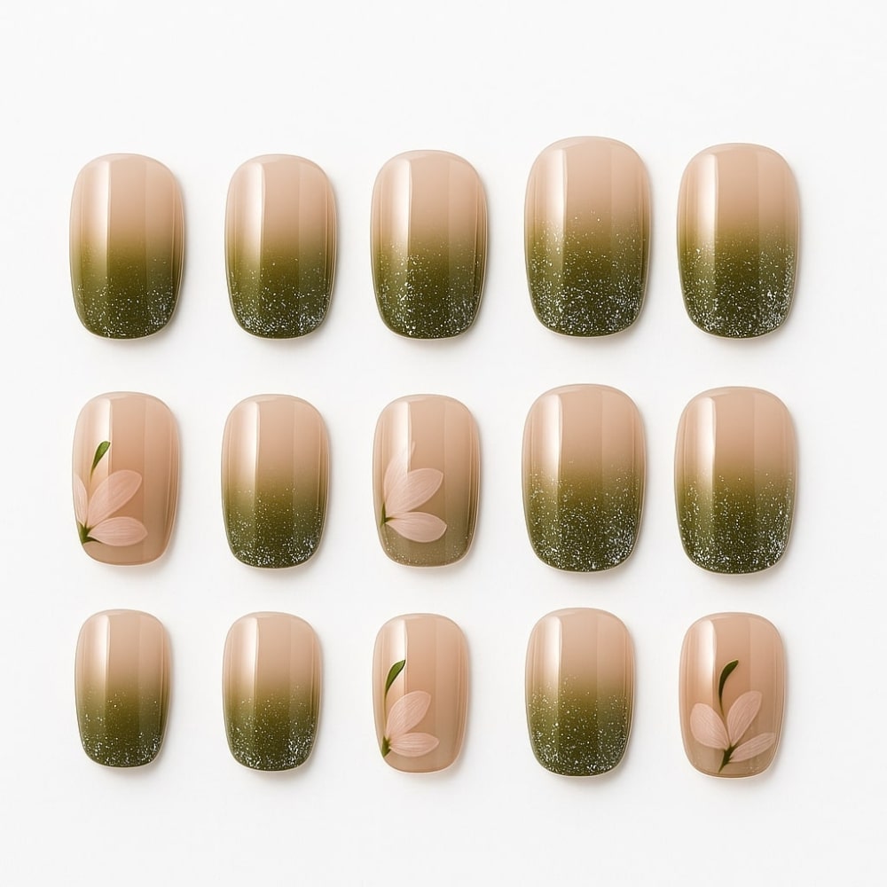 Olive Ombre Press-On Nails – Glitter & Floral Accent Design