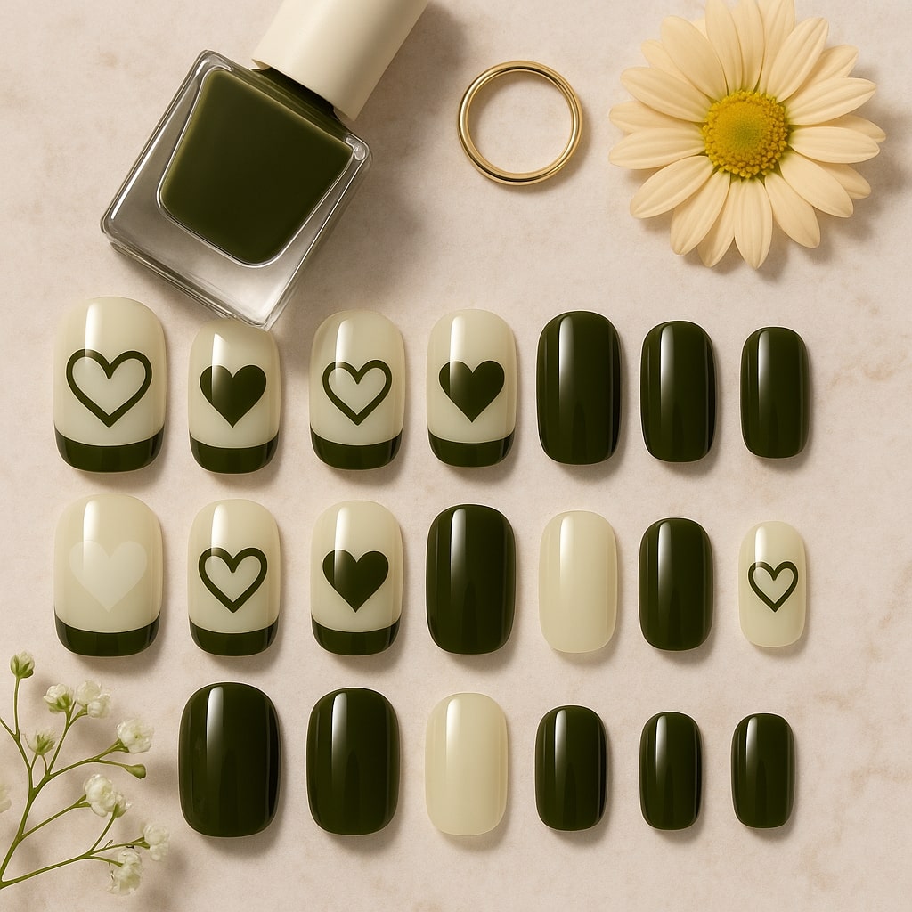 Olive Green Press-On Nails – Heart Accent Design
