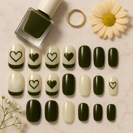 Olive Green Press On Nails β Heart Accent Design