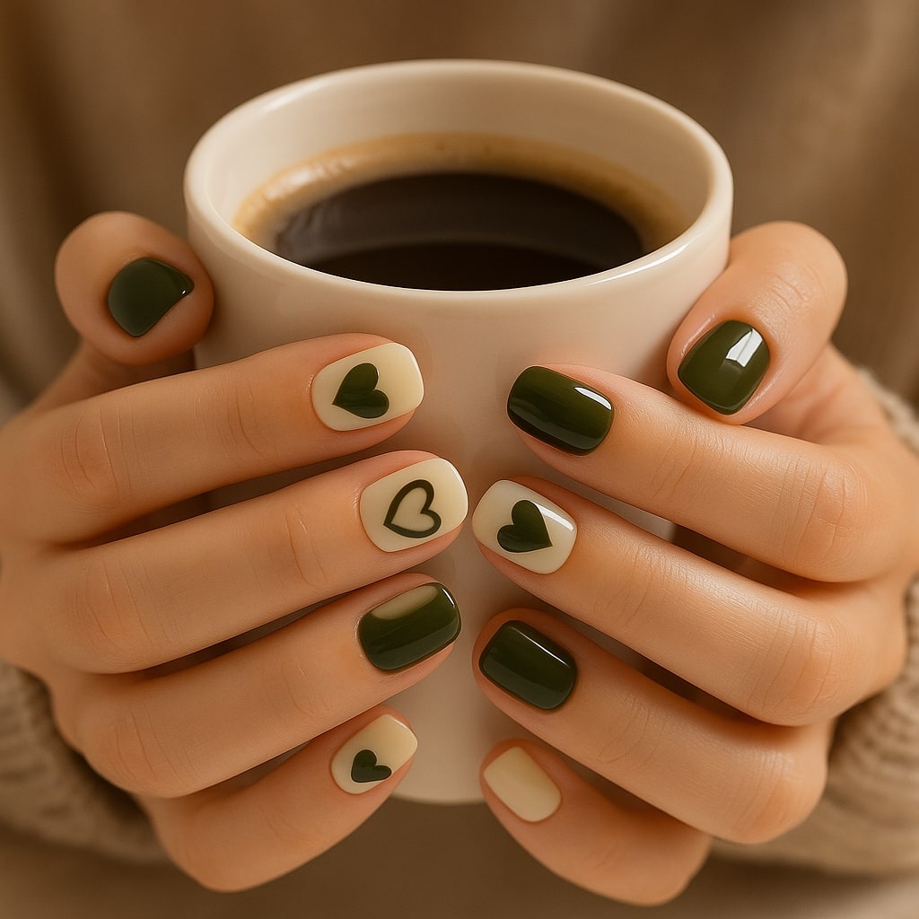 Olive Green Press-On Nails – Heart Accent Design