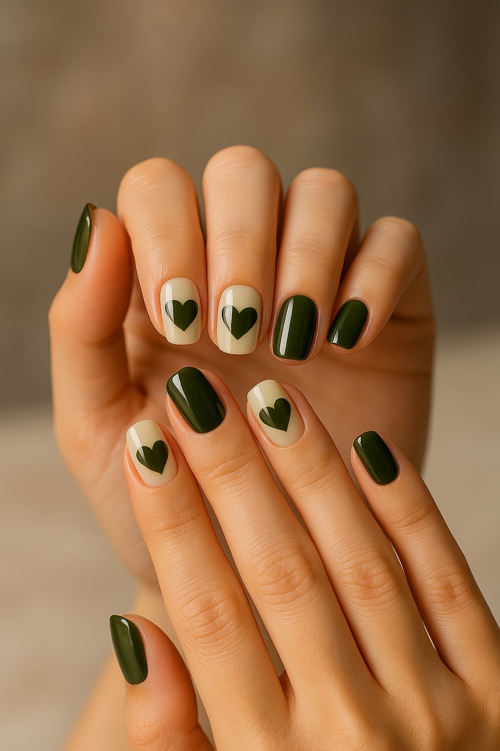 Olive Green Press-On Nails – Heart Accent Design